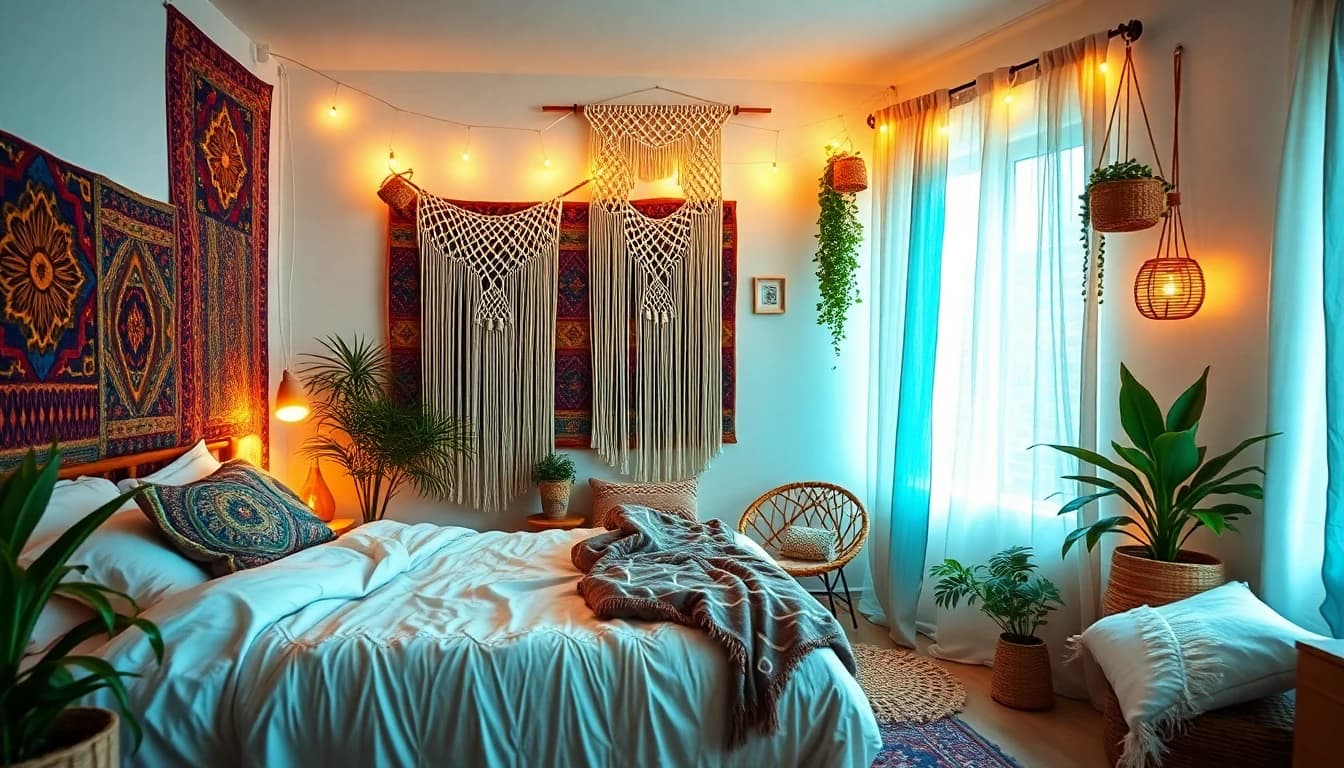 AI room design bohemian bedroom with colorful textiles and macrame