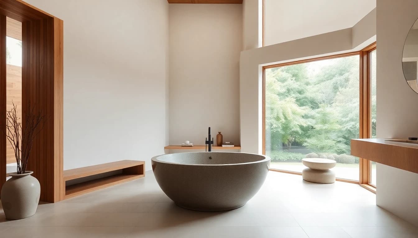 AI bathroom remodel japandi style with freestanding stone tub