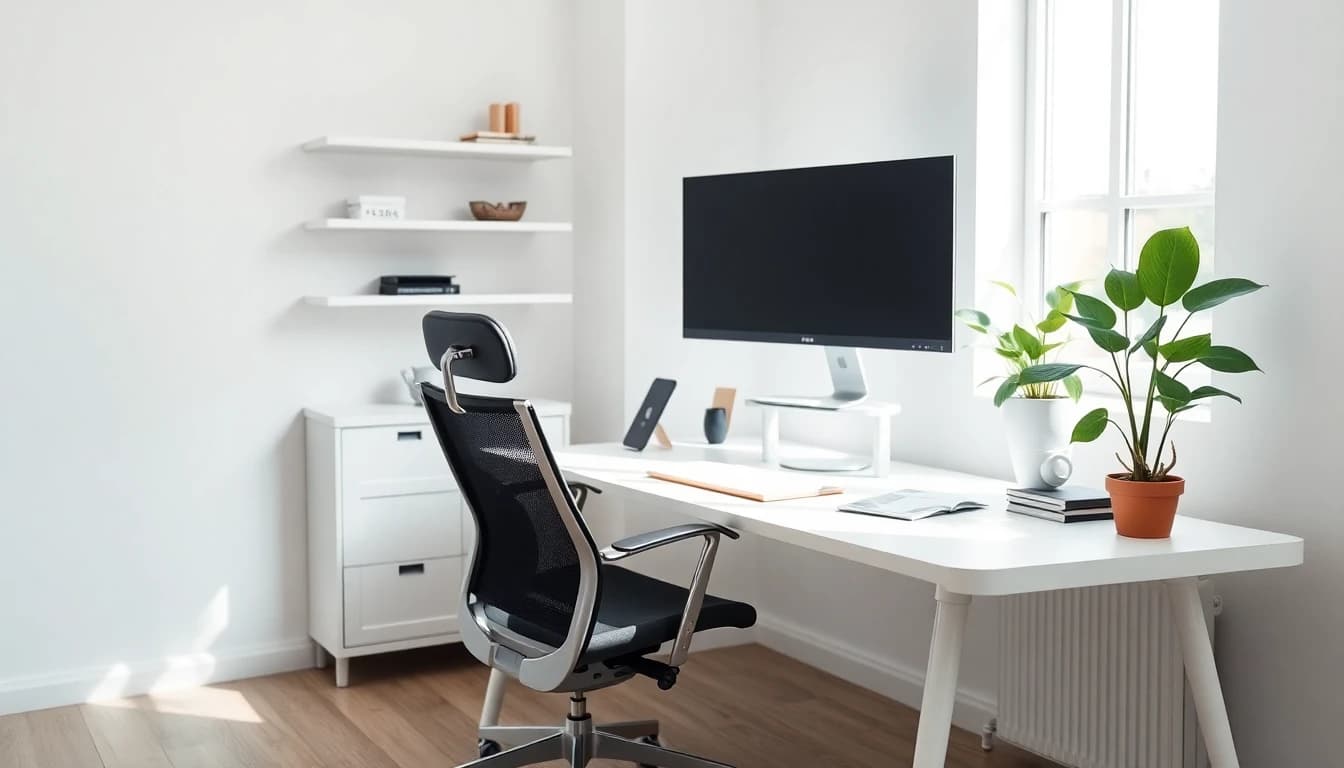 AI home office design minimalist workspace with natural light