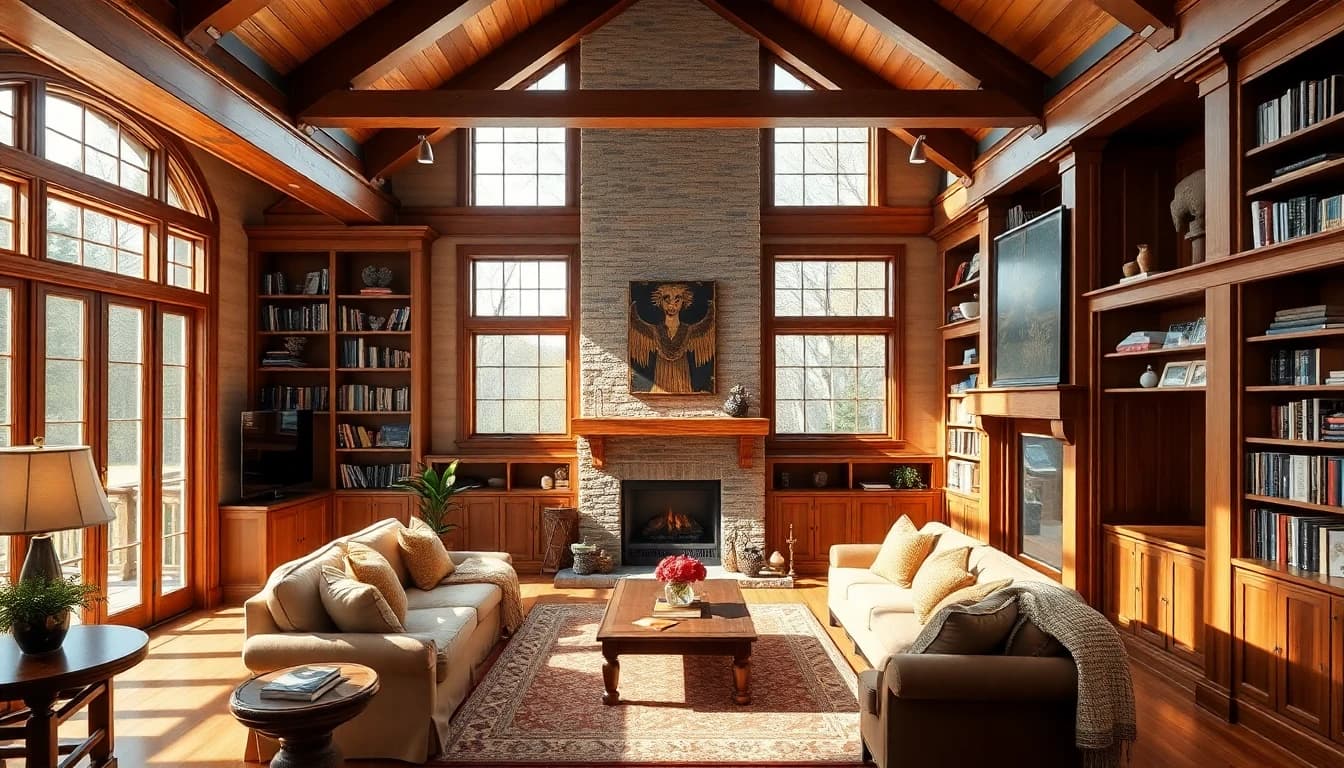 AI interior design for American Craftsman style home with warm wood tones
