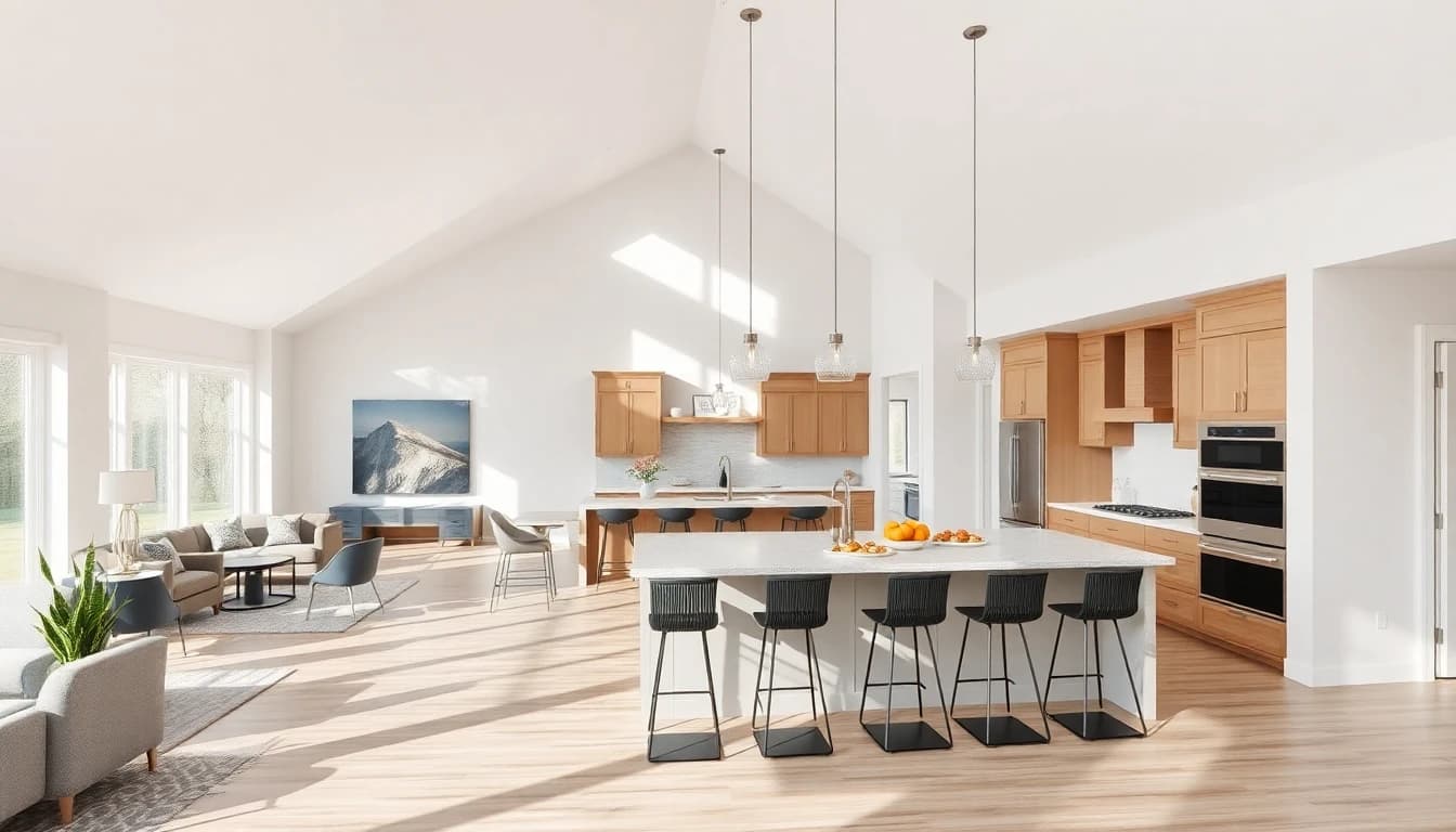 AI designed open concept American home with modern kitchen and living room